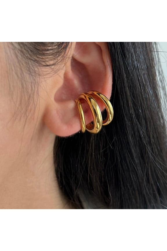 Women 18K Gold Plated Cuff Earrings Simple C- Shaped Ear Clip on Ear Bone Three Layers round Ring Earrings Bride Wedding Engagement Jewelry Gifts