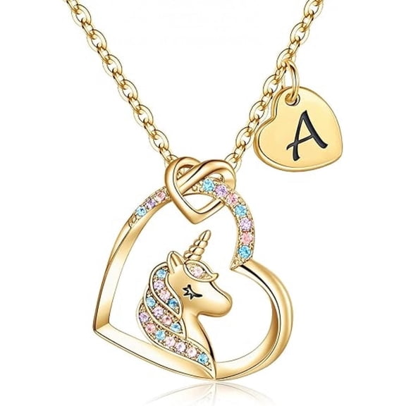 PULABO Women Alphabet Unicorn Heart Pendant Necklace – 26 Letter Charm