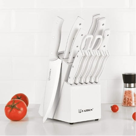 PULANLA 15-Piece White Knife Set - Kitchen Knives Set Include Built-in Sharpening Stone- Ergonomic Triple-Rivet Handles, Dishwasher Safe, Cream & White Kitchen Accessories