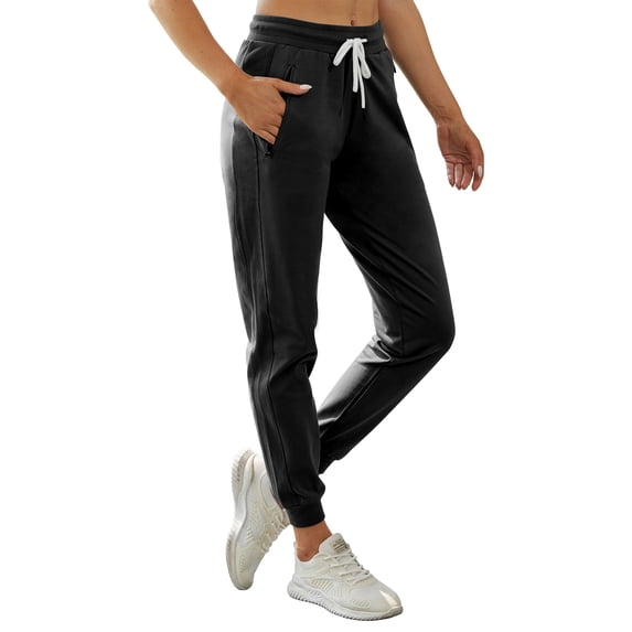 PULI Women's Cotton Jogger Sweatpants, Ribbed Splicing Lounge Pants, Tapered Athletic Workout Joggers with Zipper Pocket