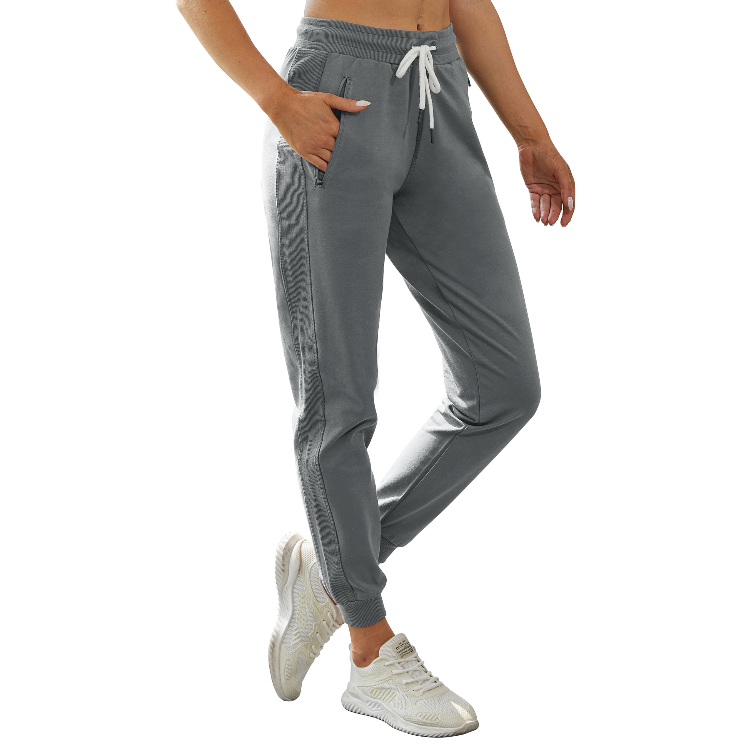 PULI Women's Cotton Jogger Sweatpants, Ribbed Splicing Lounge Pants ...