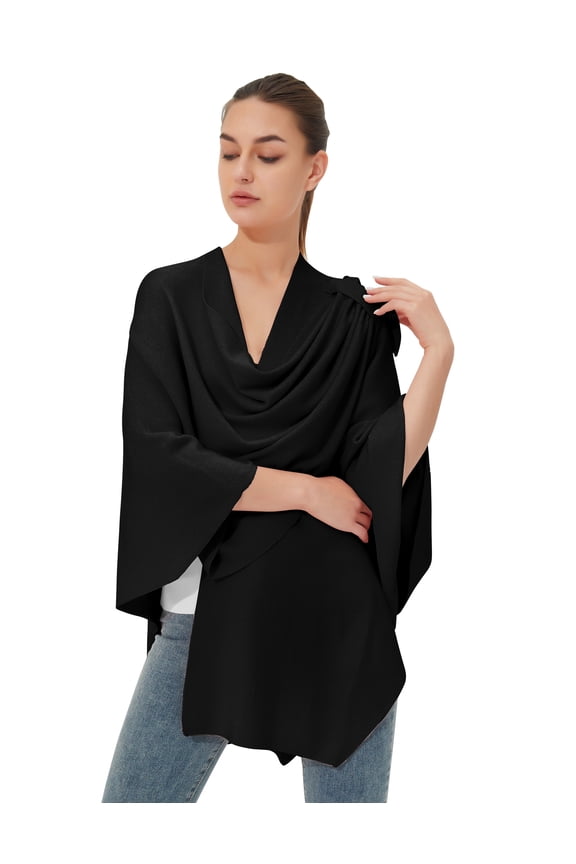 Womens Large Cross Front Poncho Sweater Wrap Topper Knitted Elegant Shawls Cape for Fall Winter Black