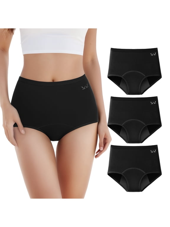 Women's Cotton Period Underwear, High Waisted Full Coverage Panties, Soft Stretch Briefs, 3-Pack (Black,XL)