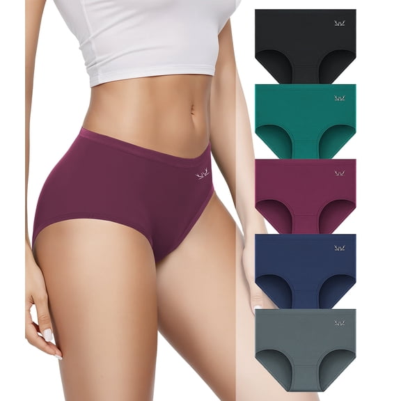 PULIOU Women's Cotton Underwear, High Waisted Briefs, Full Coverage Tag-Free Panties, 5-Pack (Classic Dark Solids, L)