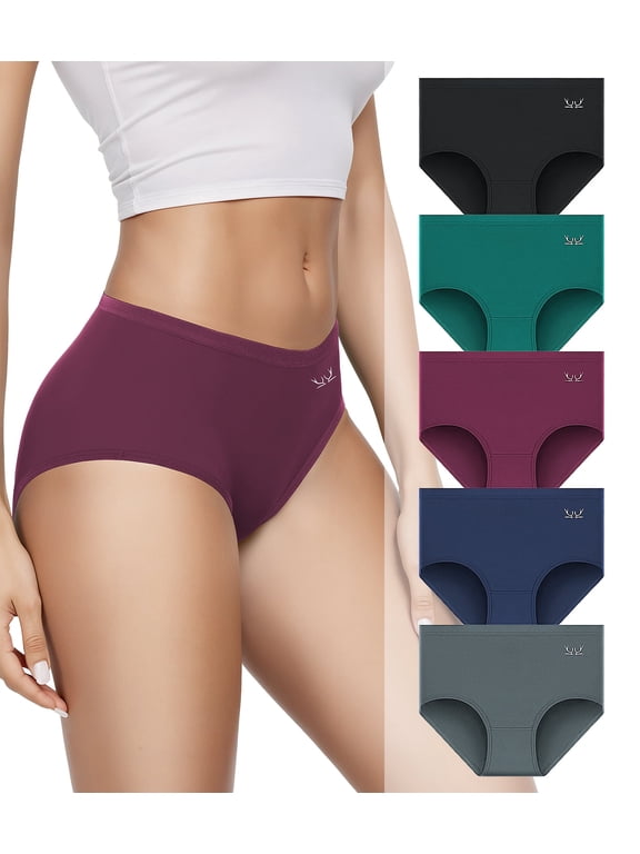 Women's Cotton Underwear, High Waisted Briefs, Full Coverage Tag-Free Panties, 5-Pack (Classic Dark Solids, L)