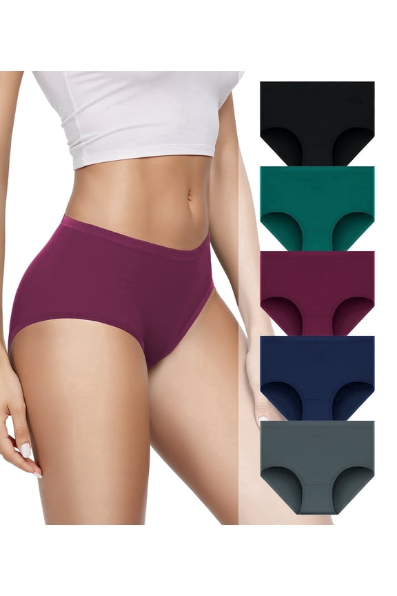 Women's Cotton Underwear, High Waisted Briefs, Full Coverage Tag-Free Panties, 5-Pack (Classic Dark Solids, L)