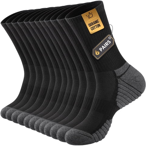 Cushion Crew Socks, 6-Pairs, Moisture Wicking, Odor Control, Durable, for Work & Athletic, Size L (9.5-12.5), Black
