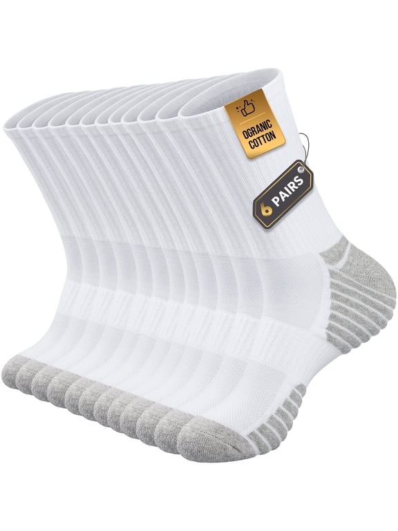 Cushion Crew Socks, 6-Pairs, Moisture Wicking, Odor Control, Durable, for Work & Athletic, Size L (9.5-12.5), White