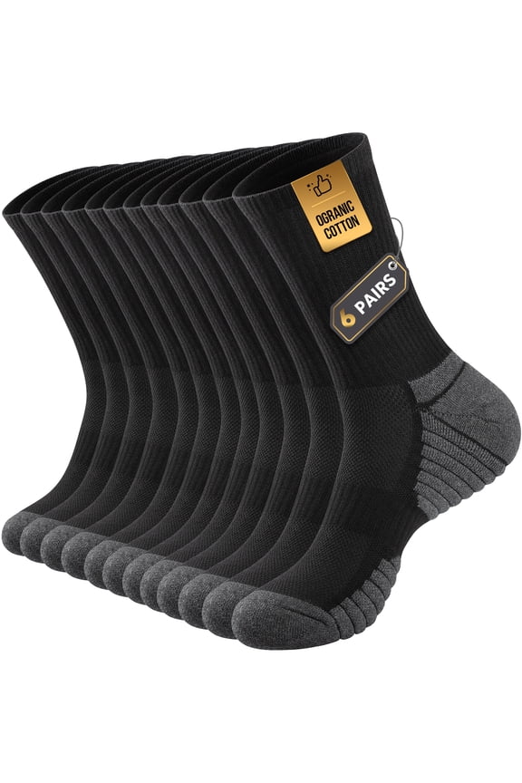 Cushion Crew Socks, 6-Pairs, Moisture Wicking, Odor Control, Durable, for Work & Athletic, Size M (6.5-8.5), Black