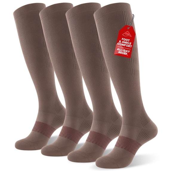 PULIOU Compression Socks 20-30 mmHg Knee High for Women & Men, 2 Pairs, Breathable, for Nurse, Running, Travel, Sports & Everyday Wear, Brown