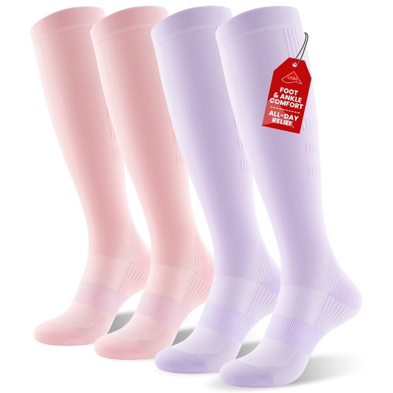 PULIOU Compression Socks 20-30 mmHg Knee High for Women & Men, 2 Pairs, Breathable, for Nurse, Running, Travel, Sports & Everyday Wear, Pink and Purple
