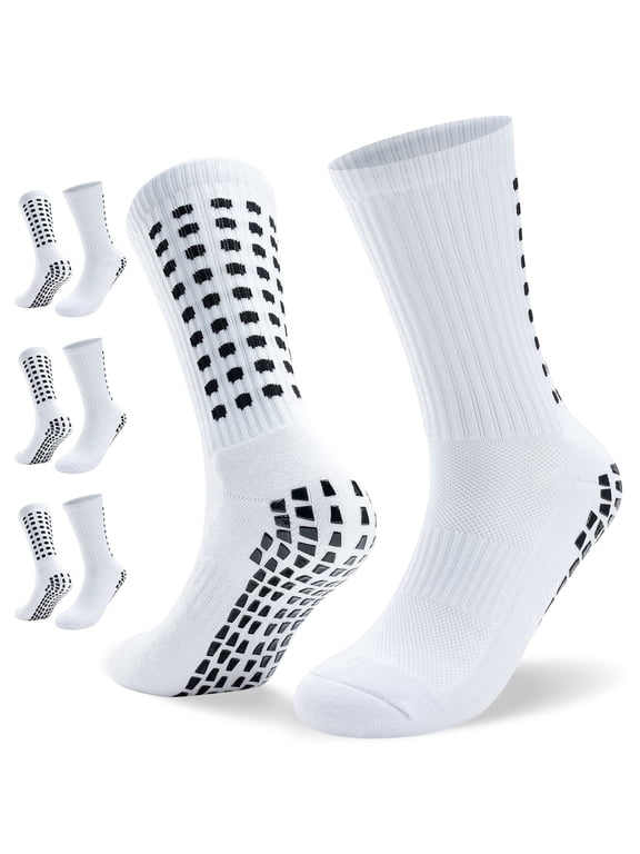 Men Grip Soccer Socks, 3 Pairs, Non Slip Silicone Grip, Breathable Cushioned Athletic Socks for Sports Training, White, L