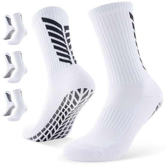 PULIOU Men Grip Soccer Socks 3 Pairs, Silicone Grip Cushioned Terry Sole Moisture Wicking for Soccer Running Athletic, L, White