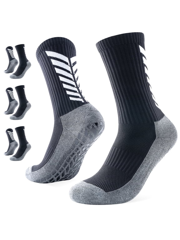 Grip Soccer Socks 3 Pairs, Silicone Grip Cushioned Terry Sole Moisture Wicking for Soccer Running Athletic, Men Women, L, Black