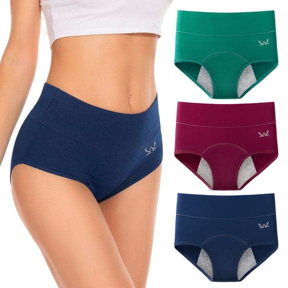 PULIOU High Waisted Period Underwear for Women, Cotton Briefs Panties with Full Coverage & Soft Stretch, 3-Pack, Multicolor, L