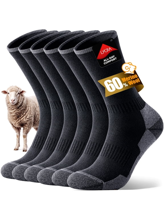 Merino Wool Socks for Men & Women, Thermal Winter Warm Cushioned for Work Boots, 3 Pairs, Black