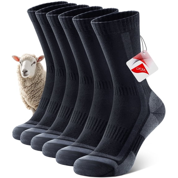 PULIOU Merino Wool Hiking Socks for Men & Women, Thermal Warm Cushioned Moisture Wicking Cozy Winter Outdoor Socks, Size 9.5-12.5, Black