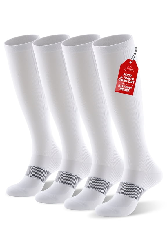 Compression Socks for Women & Men, 20-30 mmHg Knee High Support Socks for Travel, Running & Sports, 2 Pair S/M (Size 5-9), White