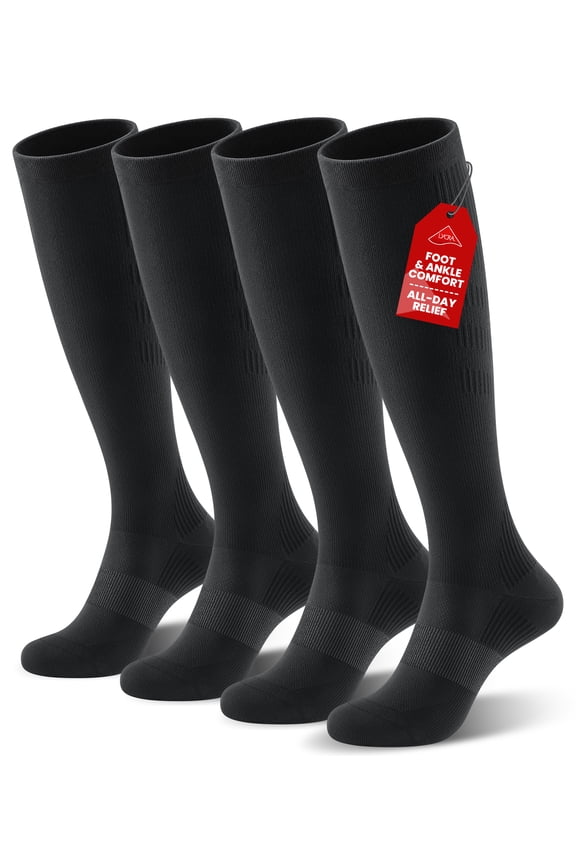 Compression Socks for Women & Men, 20-30 mmHg Knee High Support Socks for Travel, Running & Sports, 2 Pair S/M (Size 5-9), Black