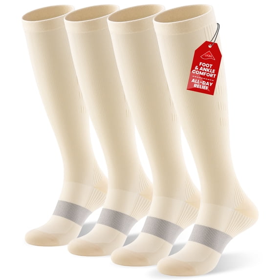 PULIOU Compression Socks 20-30 mmHg Knee High for Women & Men, 2 Pairs, Breathable, for Nurse, Running, Travel, Sports & Everyday Wear, Beige