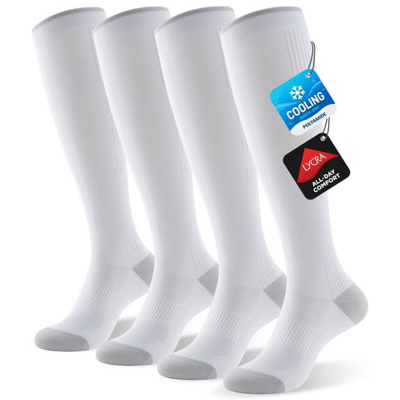 PULIOU Cooling Compression Socks for Women Men, 20-30 mmHg Knee High Socks for Nurses Running Travel Pregnancy, 2 Pairs, White