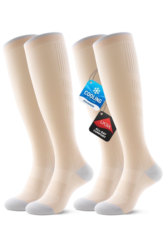Cooling Compression Socks for Women Men, 20-30 mmHg Knee High Socks for Nurses Running Travel Pregnancy, 2 Pairs, S/M, Beige
