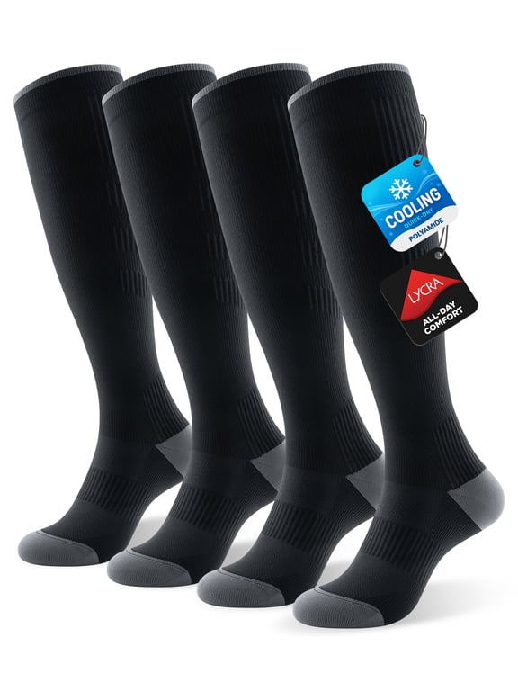 Cooling Compression Socks for Women Men, 20-30 mmHg Knee High Socks for Nurses Running Travel Pregnancy, 2 Pairs, Black