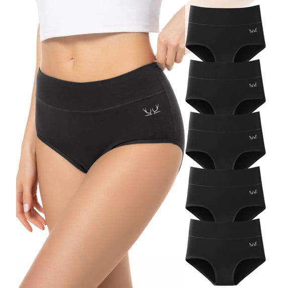 PULIOU High Waisted Cotton Underwear for Women, Soft Breathable Briefs, Full Coverage & Tagless Design Panties, 5-Pack(Black, S)