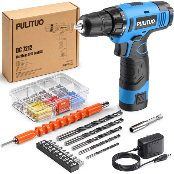 PULITUO 12V Cordless Power Drill Set with Battery and Charger, 3/8" Keyless Chuck, 21+1 Torque Settings, Built-in LED Light, Compact Electric Drill Kit for Home Improvement and DIY Projects(blue)