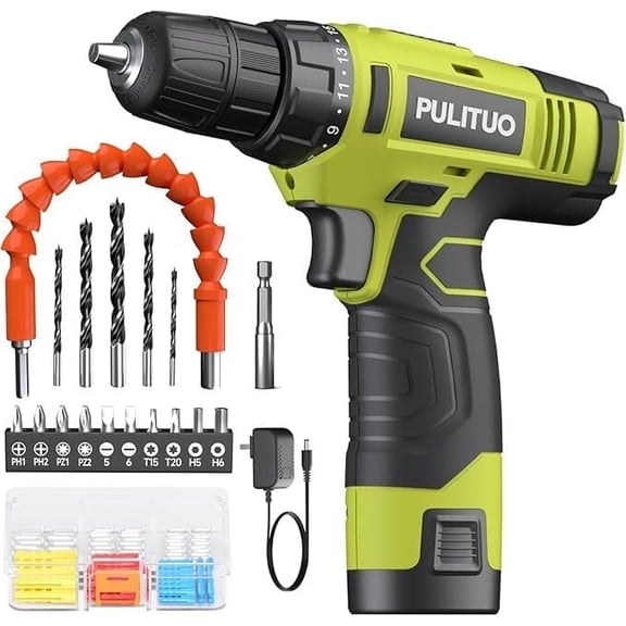 PULITUO 12V Cordless Power Drill Set with Battery and Charger, 3/8" Keyless Chuck, 21+1 Torque Settings, Built-in LED Light, Compact Electric Drill Kit for Home Improvement and DIY Projects(green)