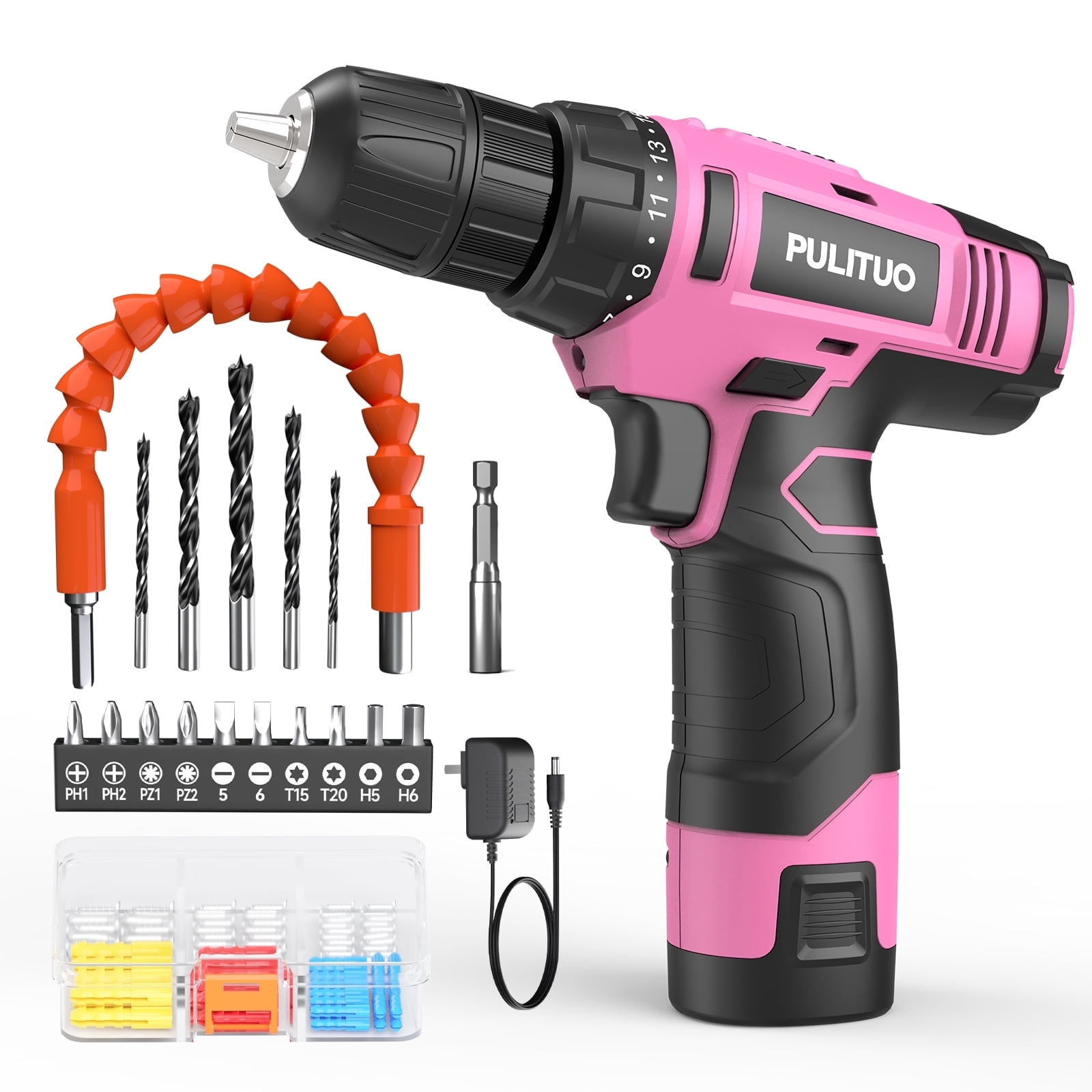PULITUO 12V Cordless Power Drill Set with Battery and Charger, 3/8" Keyless Chuck, 21+1 Torque Settings, Built-in LED Light, Compact Electric Drill Kit for Home Improvement and DIY Projects(pink)