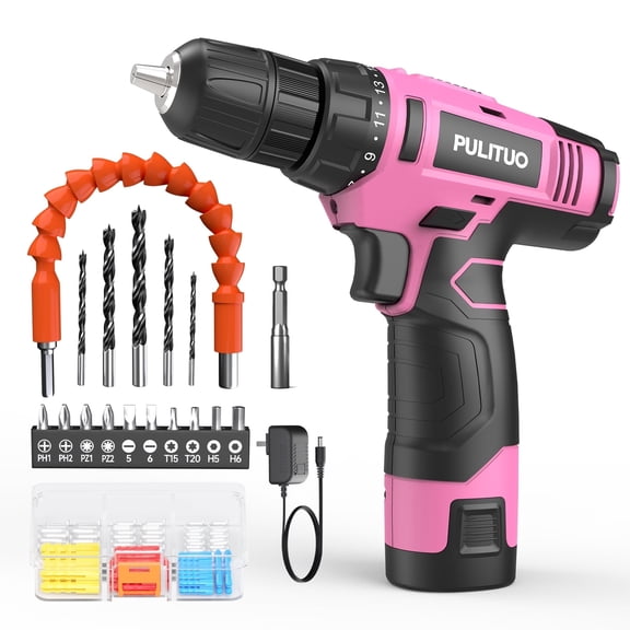 PULITUO 12V Cordless Power Drill Set with Battery and Charger, 3/8" Keyless Chuck, 21+1 Torque Settings, Built-in LED Light, Compact Electric Drill Kit for Home Improvement and DIY Projects(pink)