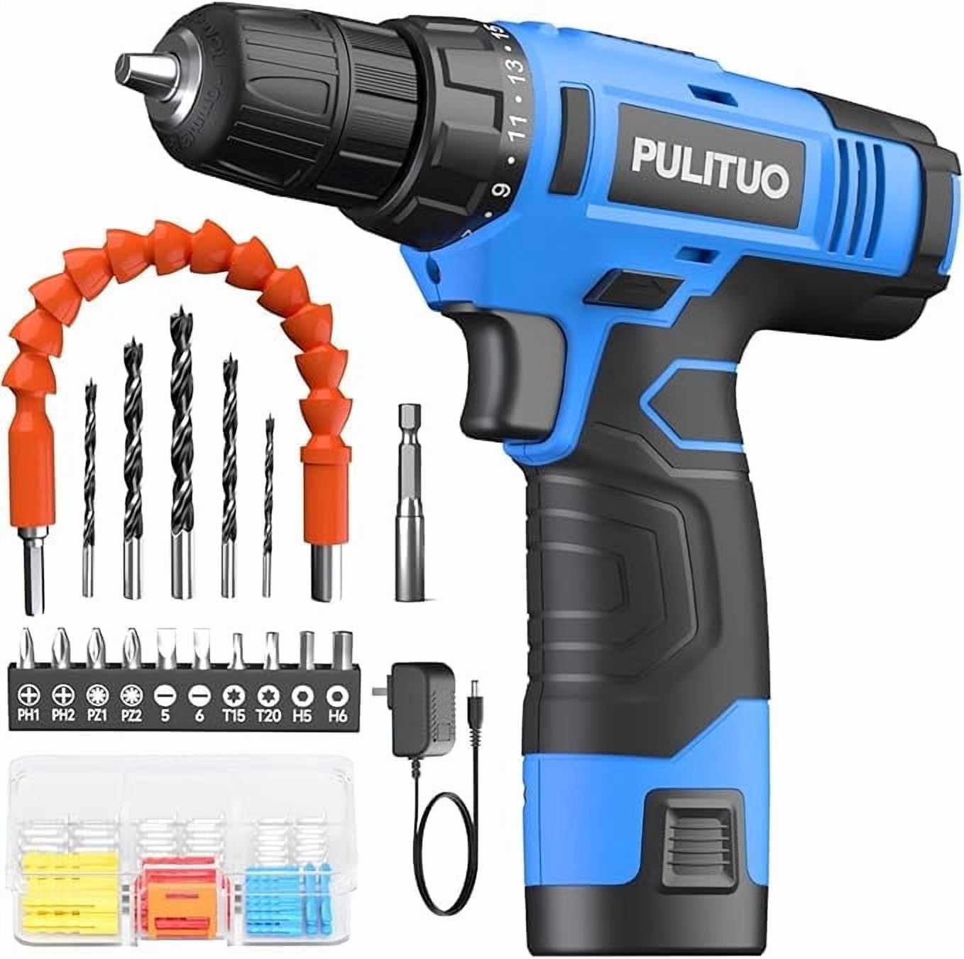 PULITUO 12V Cordless Power Drill Set with Battery and Charger, 3/8" Keyless Chuck, 21+1 Torque Settings, Built-in LED Light, Compact Electric Drill Kit for Home Improvement and DIY Projects(blue)
