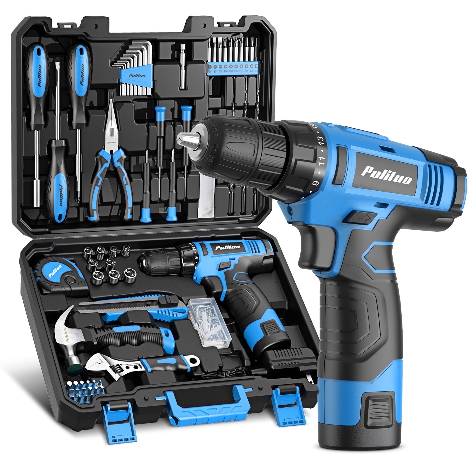 PULITUO 148-Piece Home Drill Set with 12V Blue Cordless Drill, Hand Tools, Tool Box, Ideal for Men, Women, and DIY Enthusiasts for Home Improvement