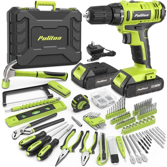 PULITUO 199-Piece Power Tool Set with 20V Cordless Drill Driver, 2 Batteries, Charger, LED Light and Toolbox, Home DIY Drill Set for Women and Men(Green)