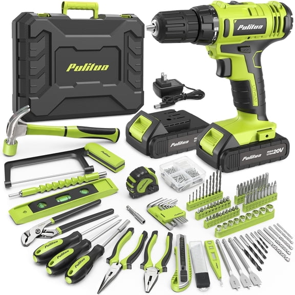 PULITUO 199-Piece 20V Cordless Power Tool Set, 2 Batteries, Charger, Toolbox, Green