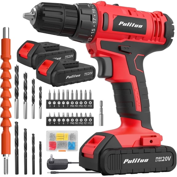 Pulituo 20V Cordless Drill Driver Kit, Home Tool Set with 20V Lithium-Ion Drill, 119PCS All-Purpose Kit, 21+1 Torque, 2-Speed, DIY & Home Repairs