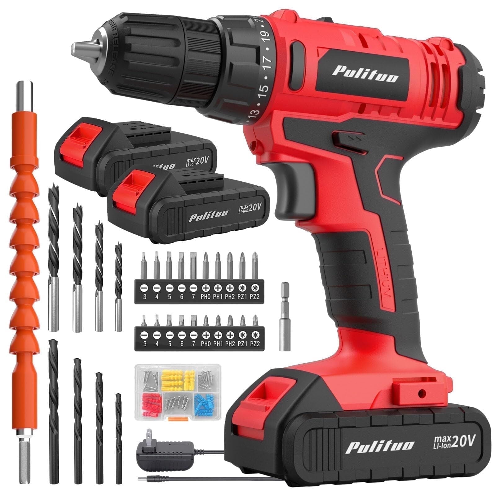 PULITUO 20V Cordless Drill, Electric Power Drill Set with 2 Battery ...