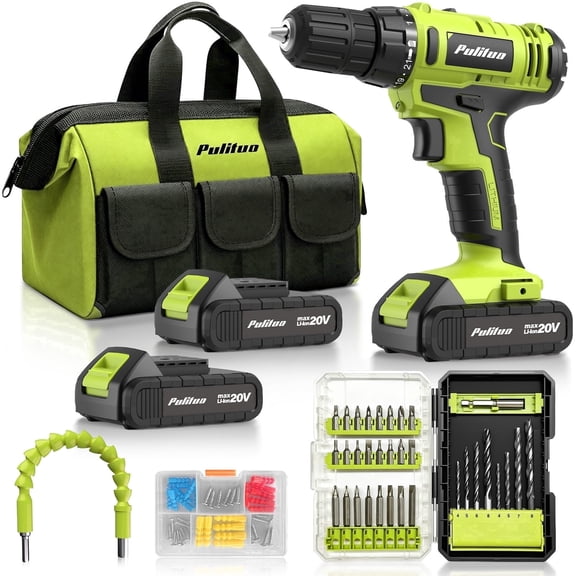 PULITUO 20V Max Cordless Drill Driver Set, 39 Pieces, 2 Batteries, Storage Bag, Green