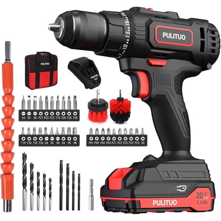 PULITUO 20V Cordless Drill Set, 45Nm Torque, 2-Speed Power Drill with 43pcs Bits & Storage Bag