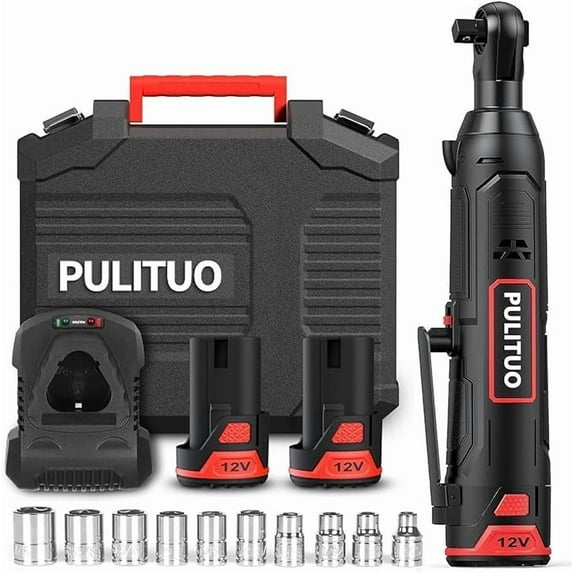 PULITUO 12V Cordless Electric Ratchet Wrench 3/8", 40Ft-lbs, 2 Batteries, Fast Charger, 10 Sockets