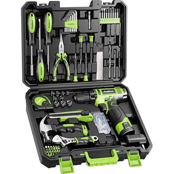 PULITUO Drill Set, 149-Piece Home Tool Set with 12V Green Cordless Drill, ToolBox, Hand Tool Kits for Women Men, DIY Enthusiasts for Home Improvement.