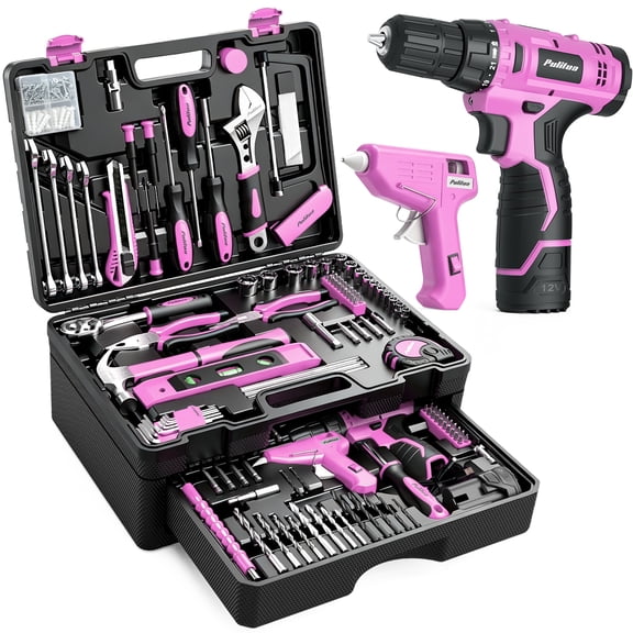 PULITUO 299‑Piece Tool Set Kit with 12V Pink Cordless Drill Set, Hand Tools, Tool Box with Drawer, Home ToolKit for Women & Men