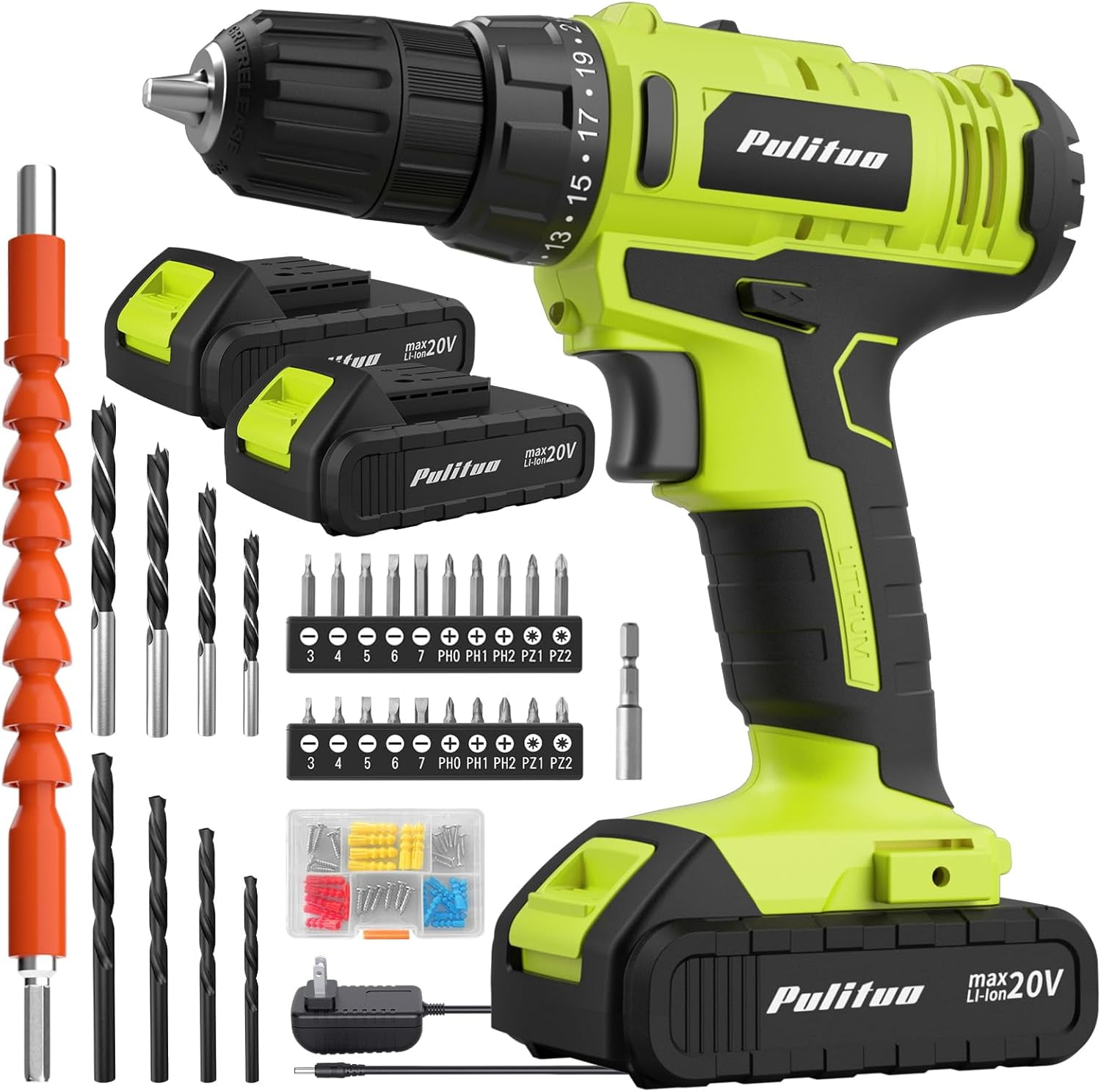 'S 20V Cordless Drill/Driver, Electric Screwdriver - 2 Batteries, 30Nm, 21+1 Torque, 2 Speed, Keyless 3/8" Chase Drill with LED Light, Kit for Home (Green)