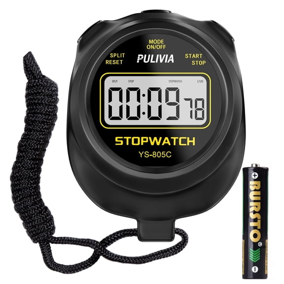 PULIVIA Digital Stopwatch Timer with Countdown & Count-Up, on/off, 0.01s Accuracy, Waterproof Handheld Timer for Running, Sports Training, Coaches, Black