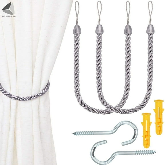 PULLIMORE 1 Pair Curtain Tieback Ropes, Hand Hessian Rope Tiebacks with 2 Metal Screw Hooks for Home Drapes and Curtain Decor (Grey)
