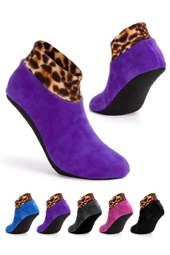 1 Pair Indoor Non-slip Thermal Slipper Socks Women Men Leopard Floor Socks Fuzzy Slipper Socks (Purple)