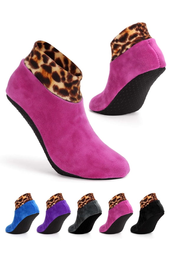 1 Pair Indoor Non-slip Thermal Slipper Socks Women Men Leopard Floor Socks Fuzzy Slipper Socks (Rose Red)