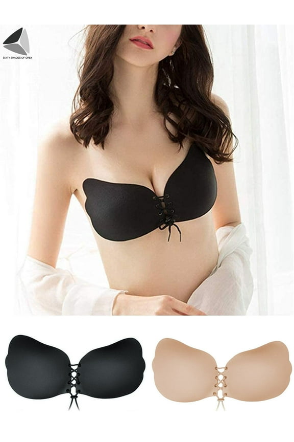 1 Pair Women Adhesive Invisible Strapless Bra Reusable Push-up Silicone Sticky Bra (Cup C/D, Black)