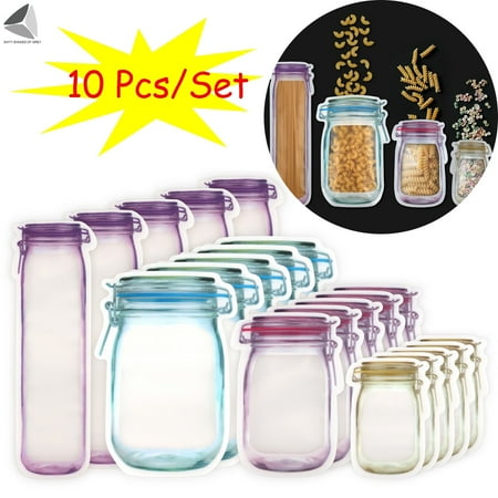 PULLIMORE 10 Pcs Reusable Mason Jar Bottles Ziplock Bags Zipper Snack Fresh Food Storage Pouch for Kitchen Travel Camping Office Picnic